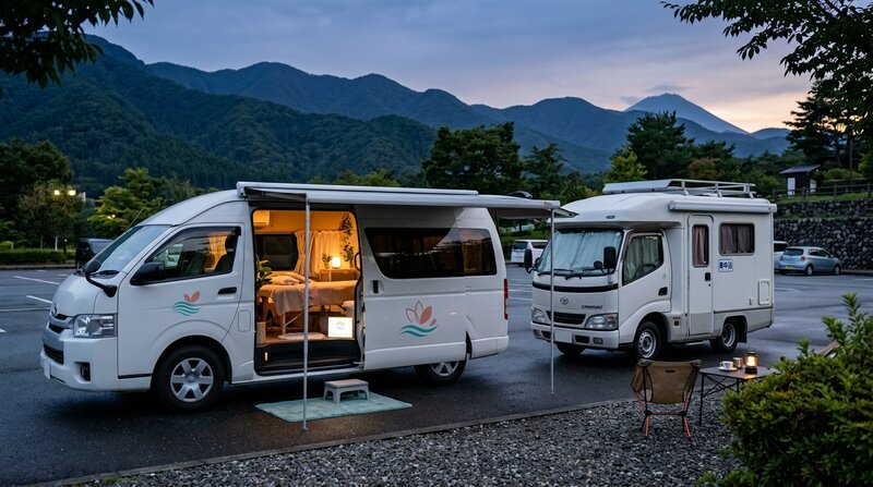 車中泊でデリラクの出張車両が施術するシーン