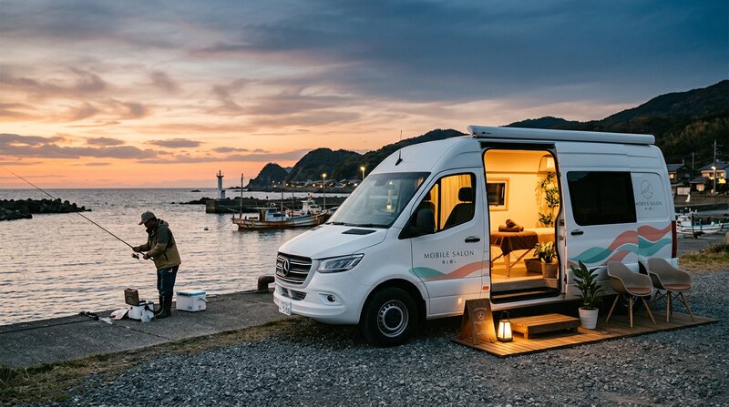釣り場・夜釣りでデリラクの出張車両が施術するシーン